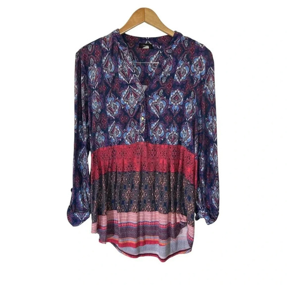 Cocomo Blouse V Neck Stretch Knit Multicolor Long Sleeves Kaleidoscope Casual - Picture 1 of 6